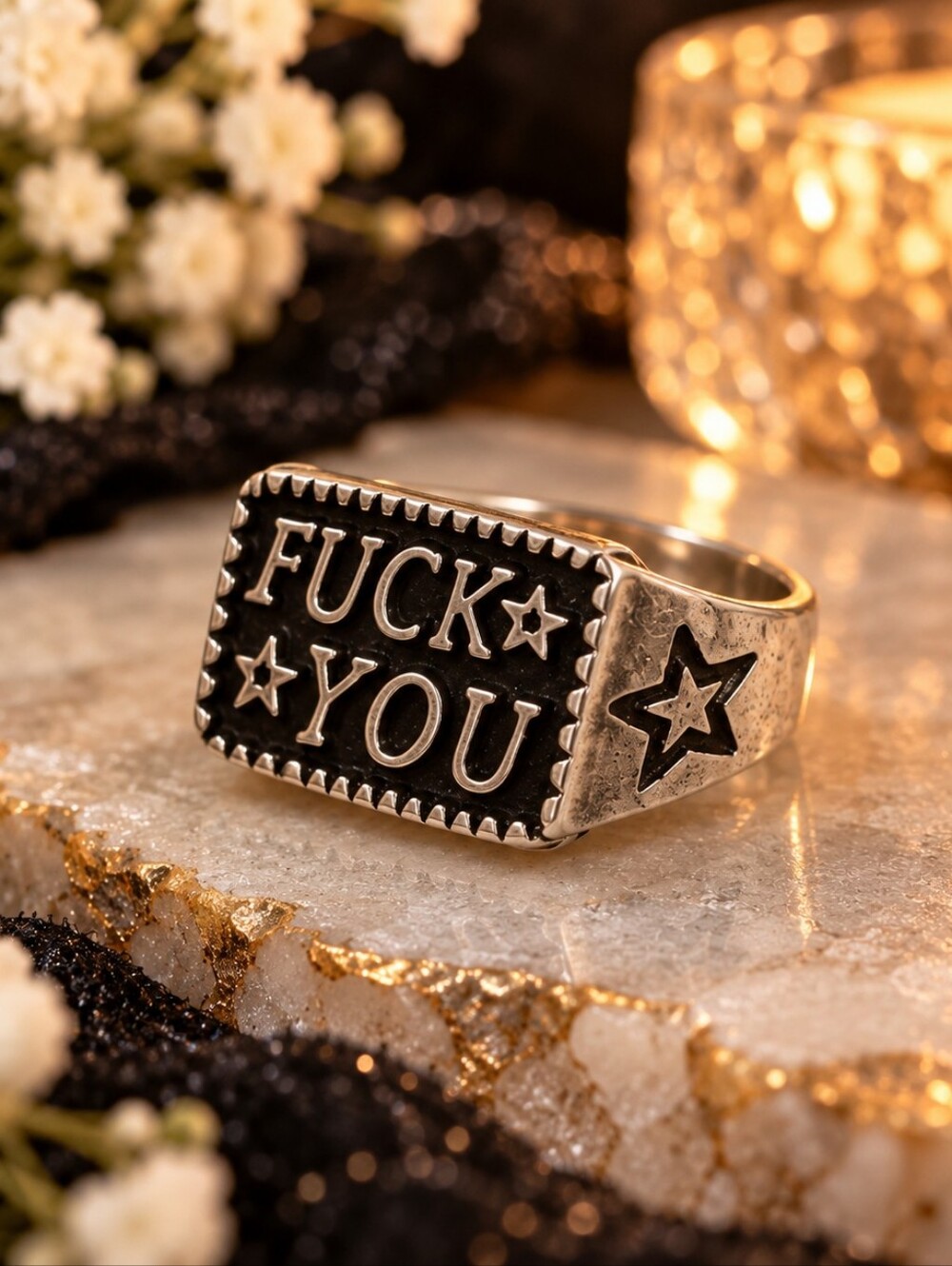 Bold Unisex silver-tone statement ring with 'F⭐CK YOU' engraved on the face W/⭐